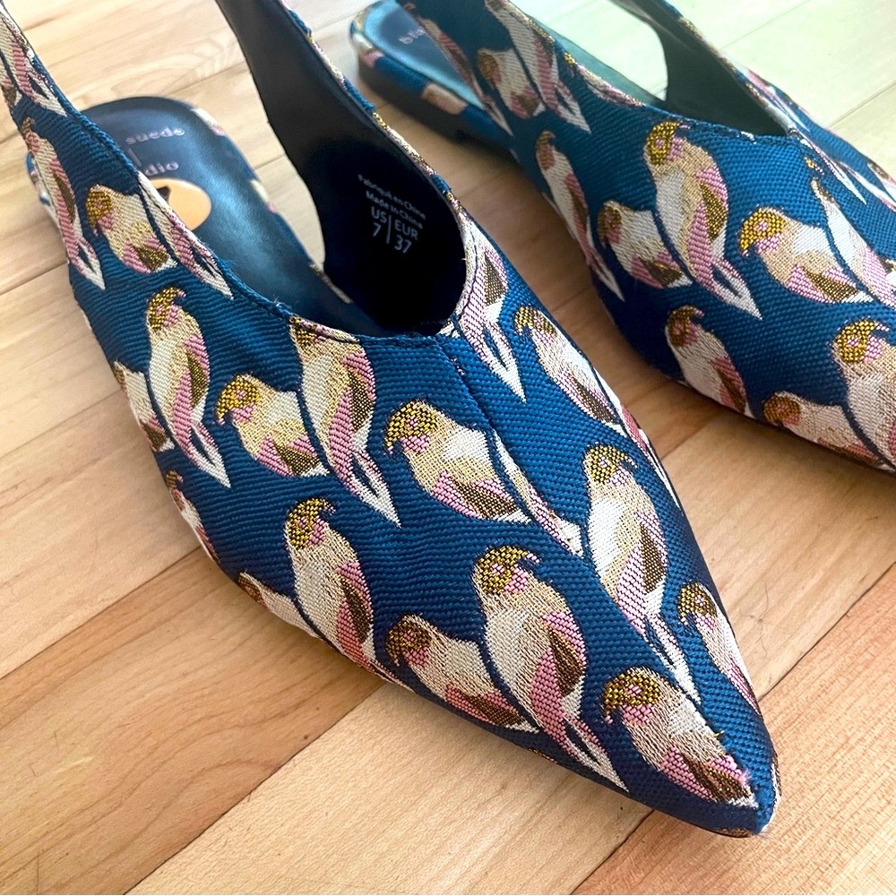 Black Suede Studio Bird Pattern Brocade Slingback Pointed Toe Flats - Sz US 7